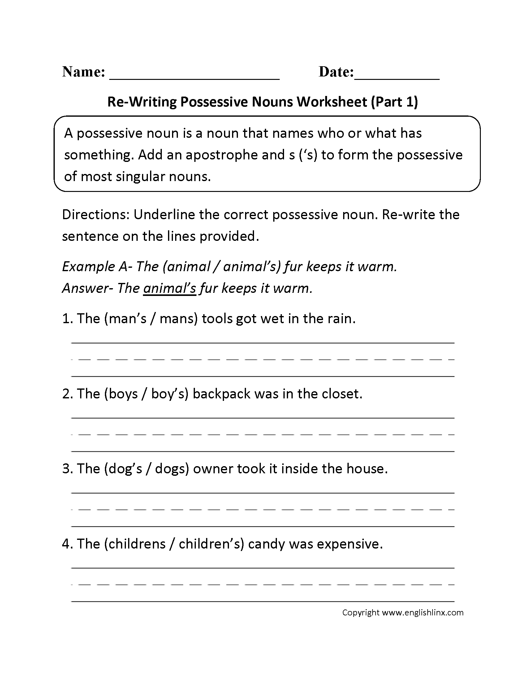 Possessive Nouns Worksheets Re Writing Possessive Nouns Worksheet Part 1
