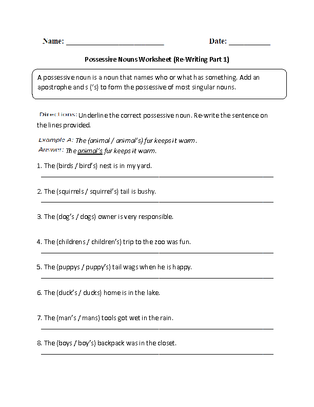 Possessive Nouns Worksheets Re Writing Possessive Nouns Worksheet