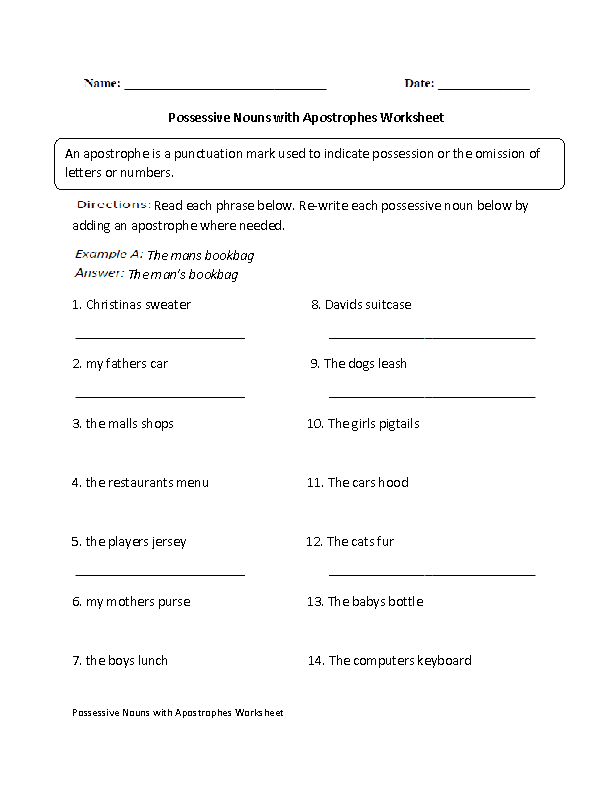 Possessive Nouns with Apostrophe Worksheet