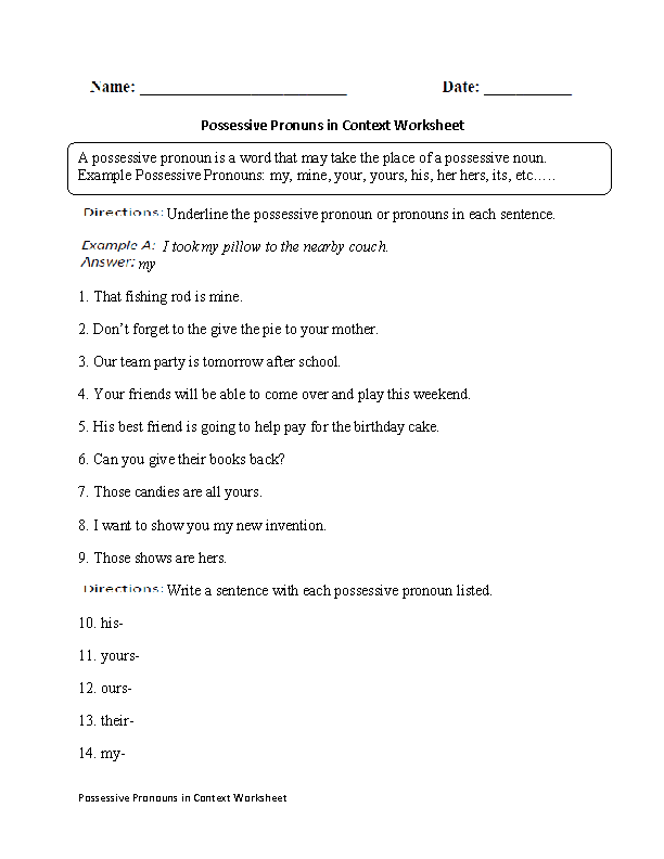 Possessive Pronouns in Context Worksheet