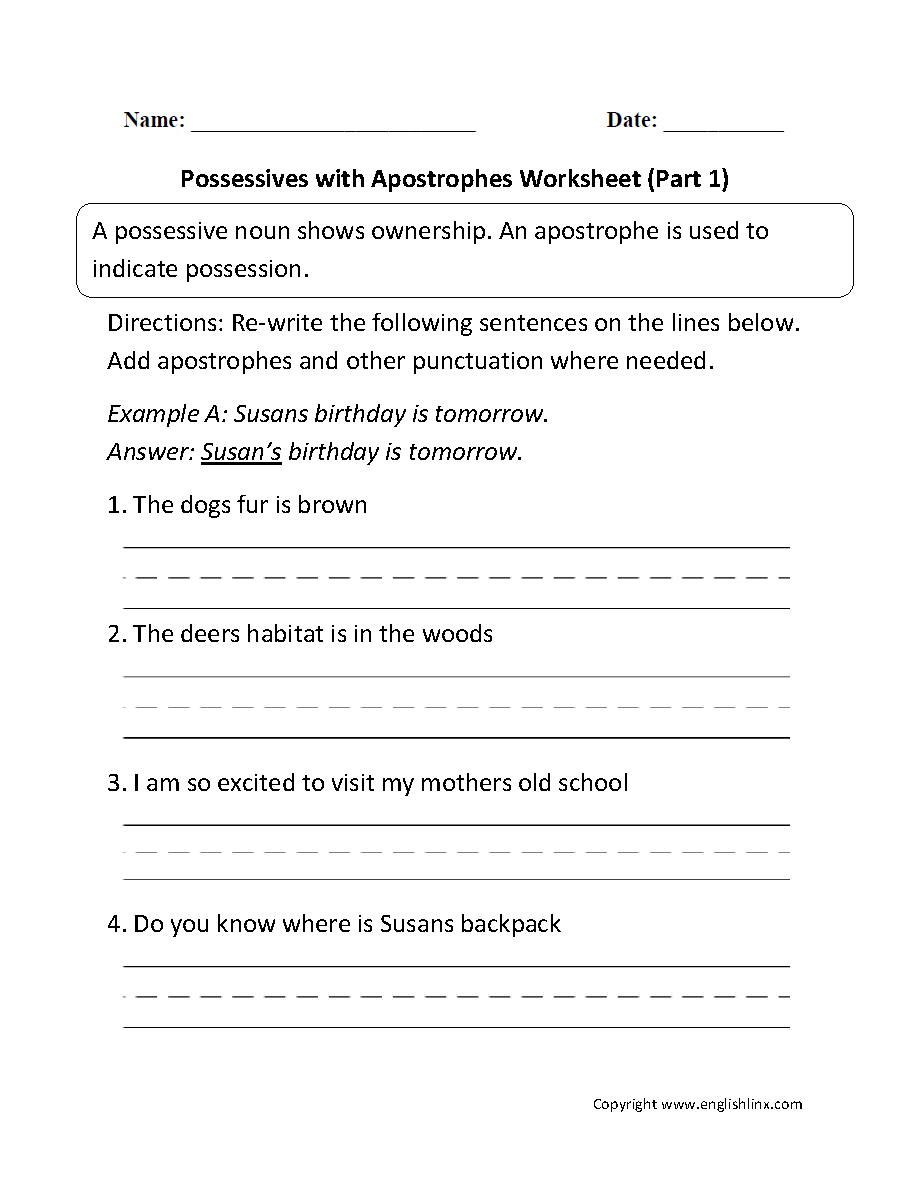 Possessives with Apostrophes Worksheets Part 1