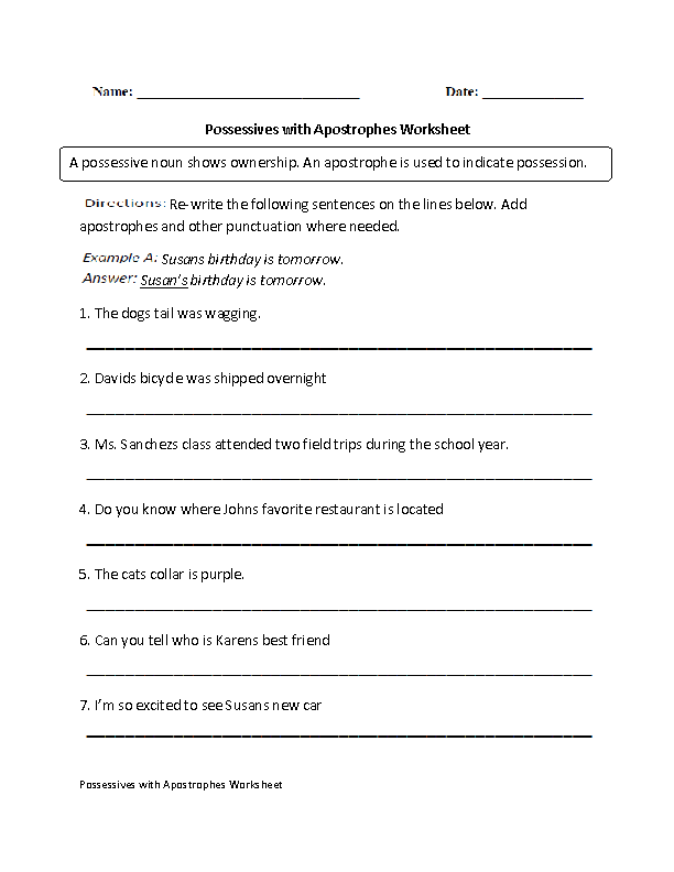 Possessives with Apostrophes Worksheet