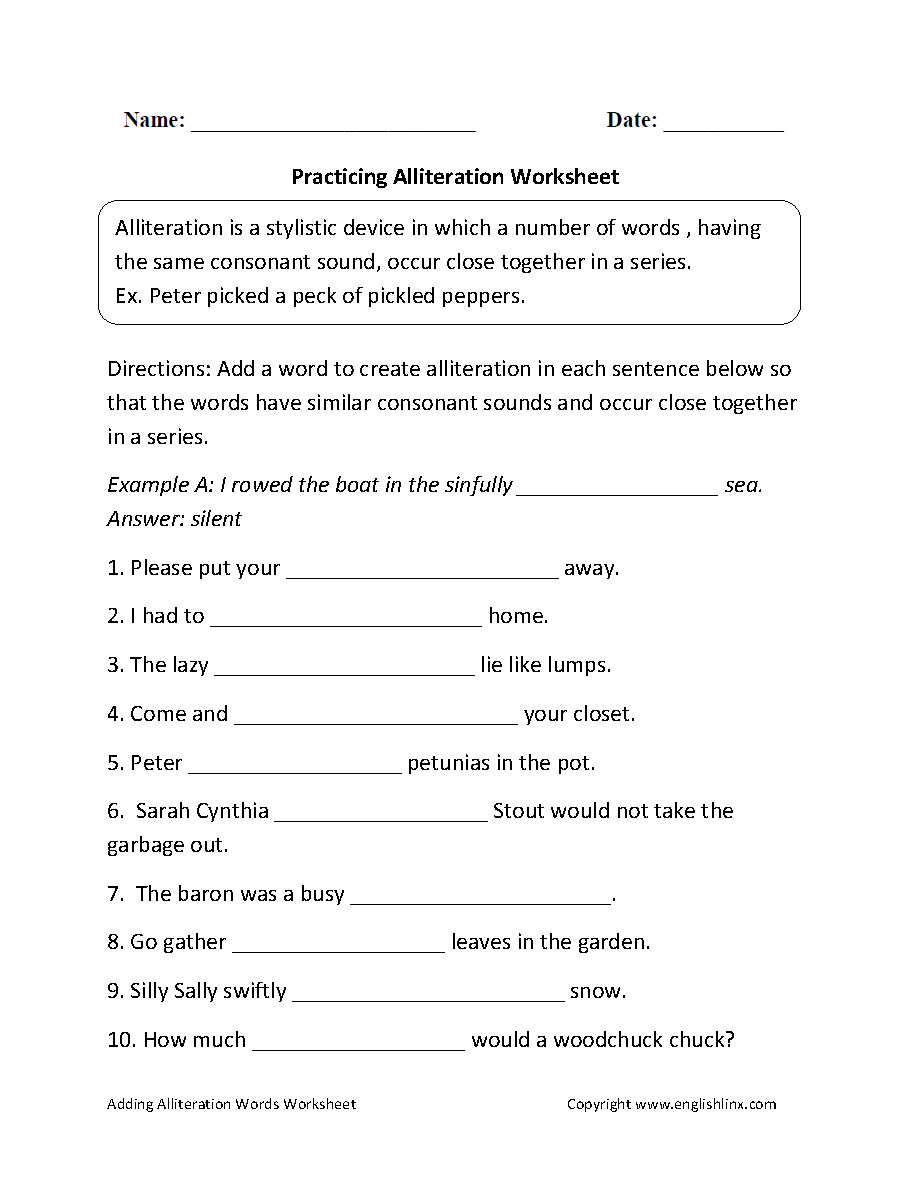 Practicing Alliteration Worksheet