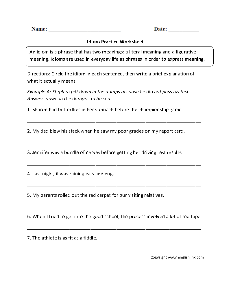 Practicing Idioms Worksheets