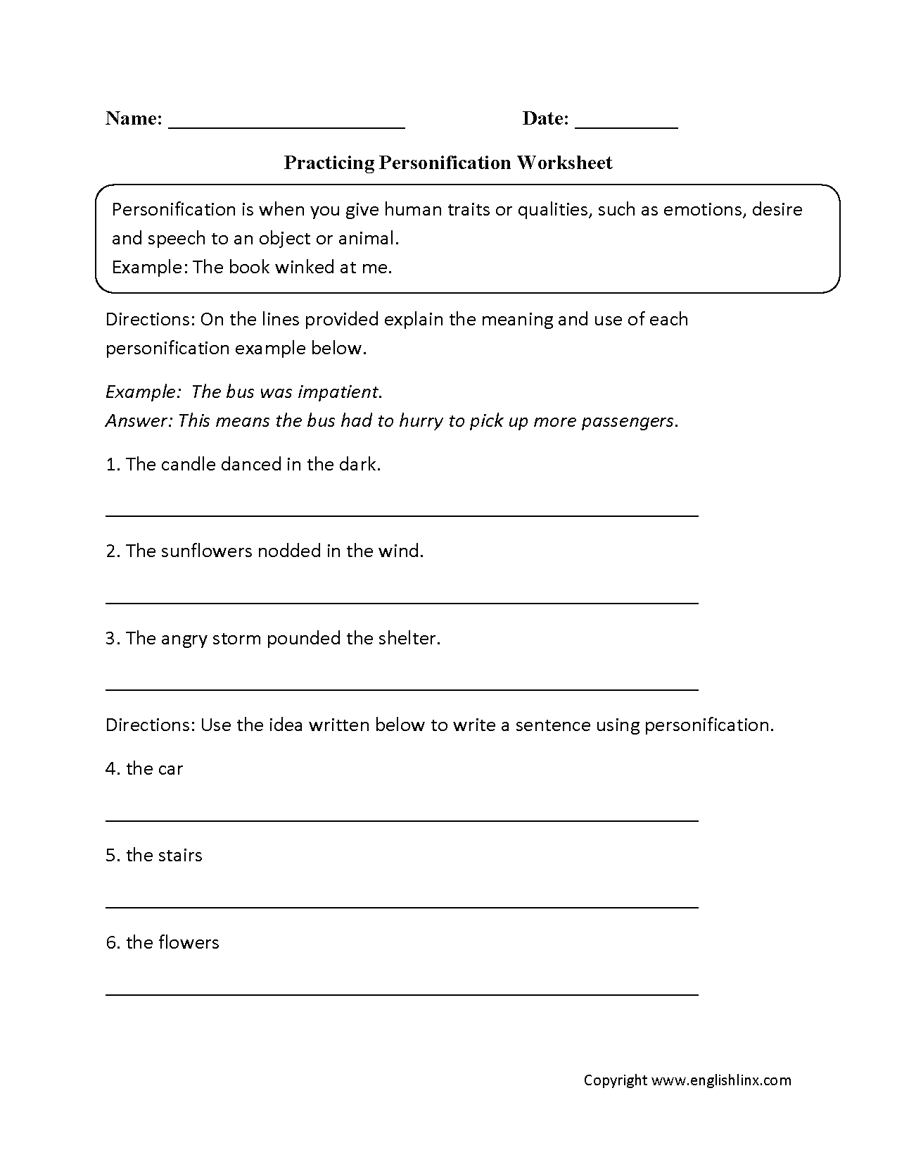 Figurative Language Worksheets Personification Worksheets