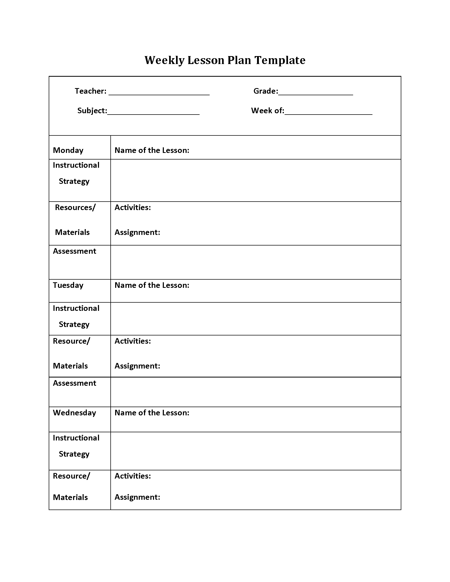 Practicing Weekly Lesson Plan Template