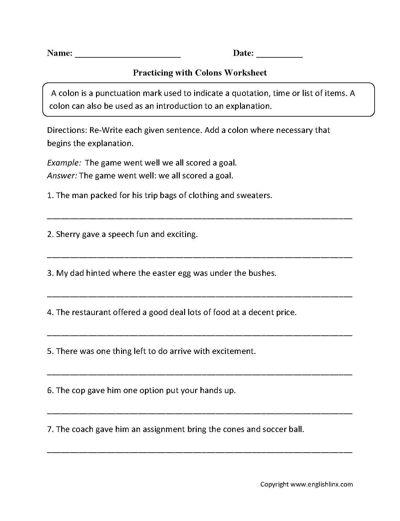 Punctuation Worksheets Colon Worksheets