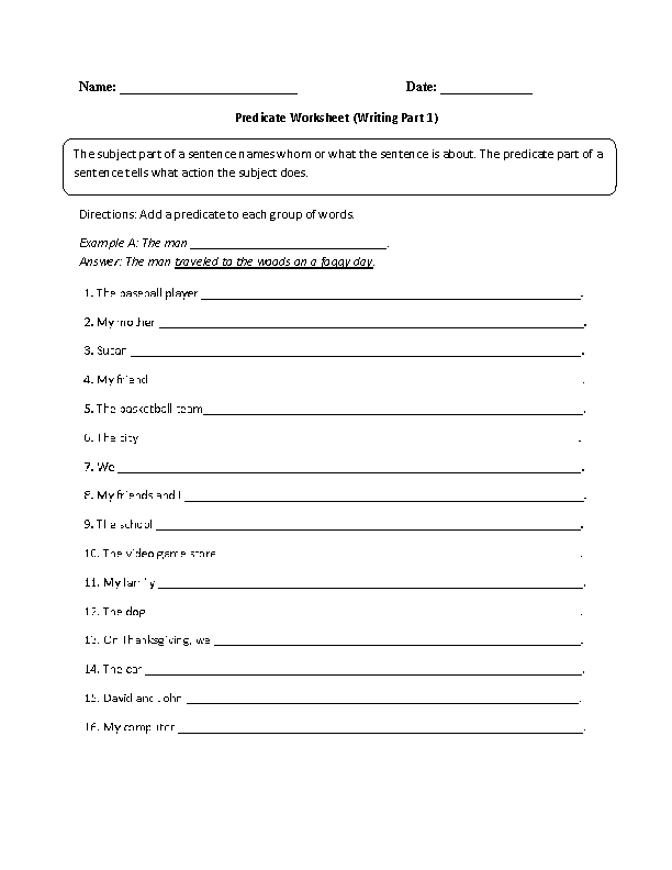 Writing a Subject Worksheet