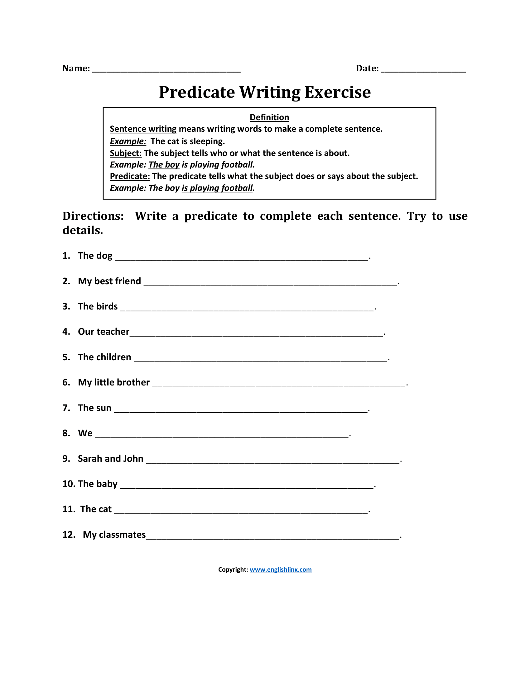 Predicate Sentence Writing Worksheets