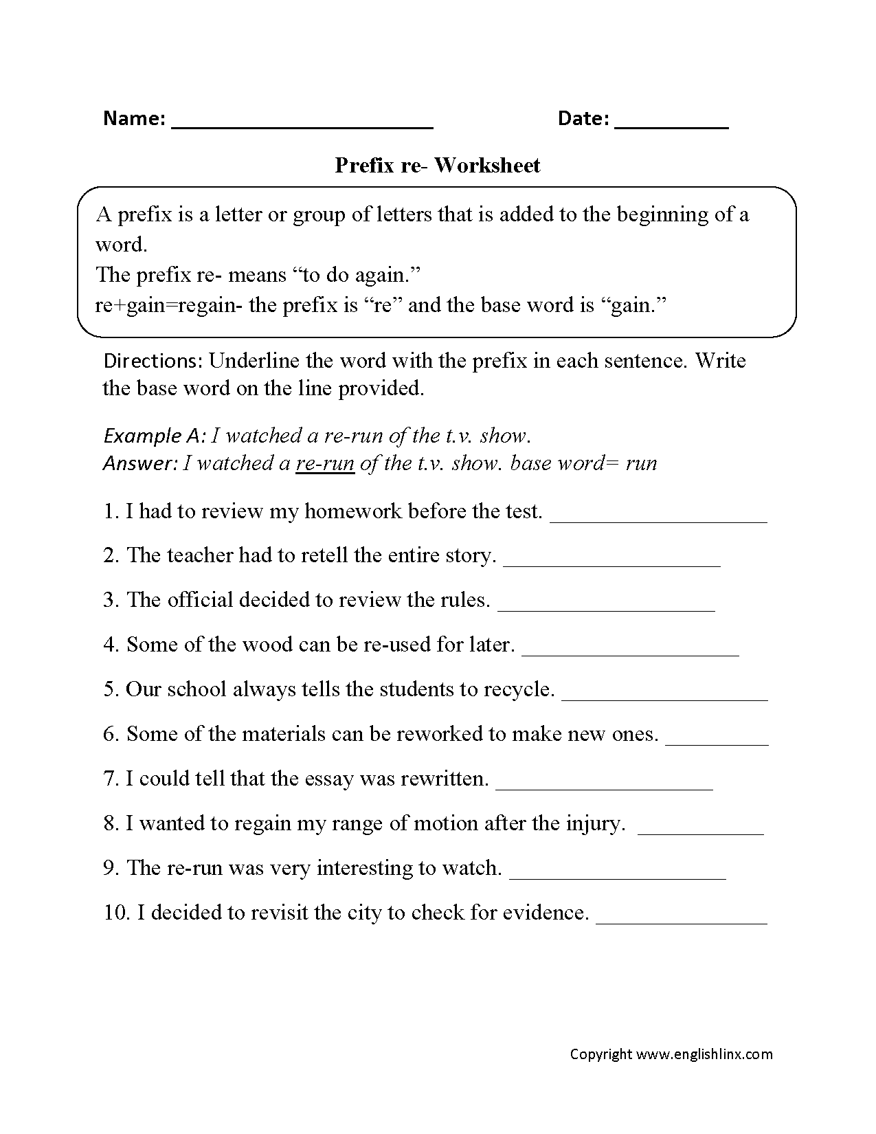 Prefixes Worksheets  Prefix re- Worksheet  Intended For Prefixes Worksheet 2nd Grade