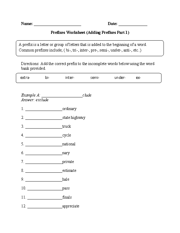 Adding Prefixes Worksheet