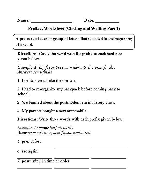 Circling and Writing Prefixes Worksheet