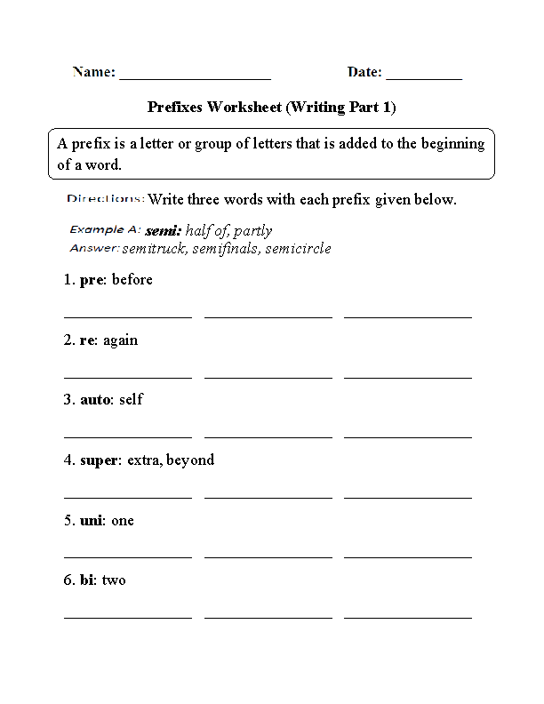 Writing Prefixes Worksheet