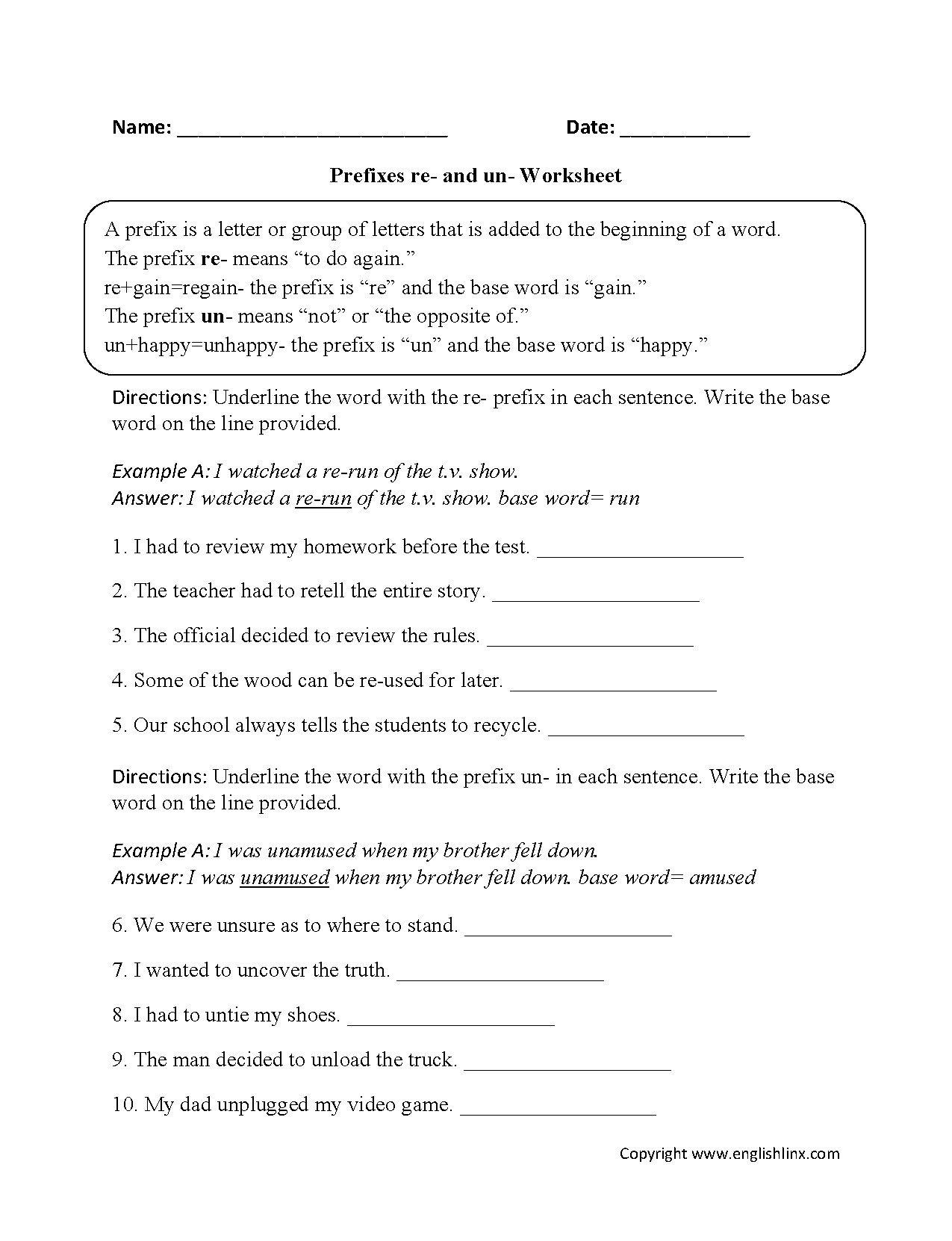 Prefixes re- and un- Worksheets