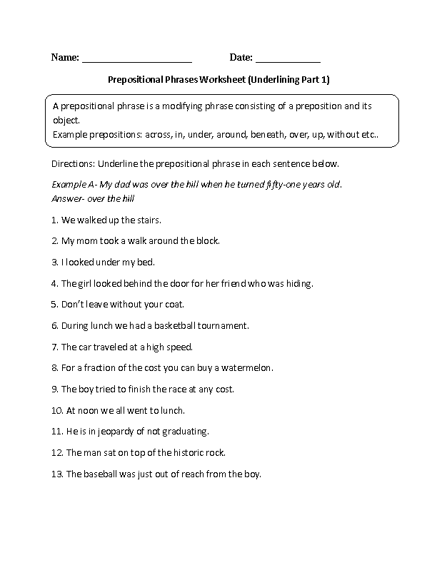 Prepositions Worksheets Underlining Prepositional Phrase Worksheet