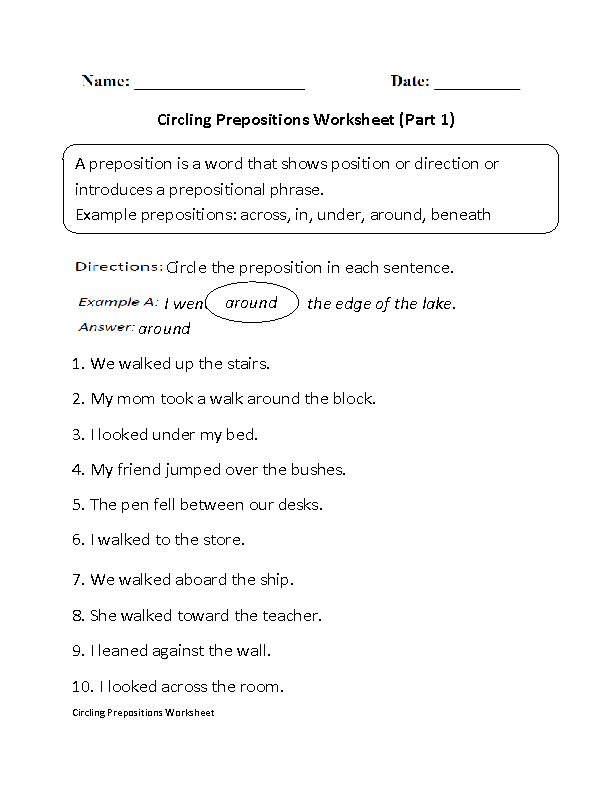 Circling Prepositions Worksheet Part 1
