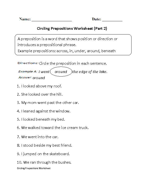 Circling Prepositions Worksheets Part 2