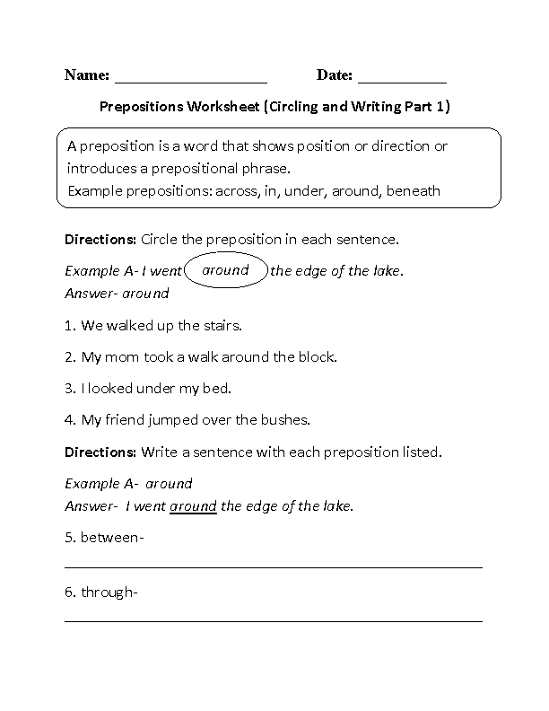 Circling and Writing Prepositions Worksheet