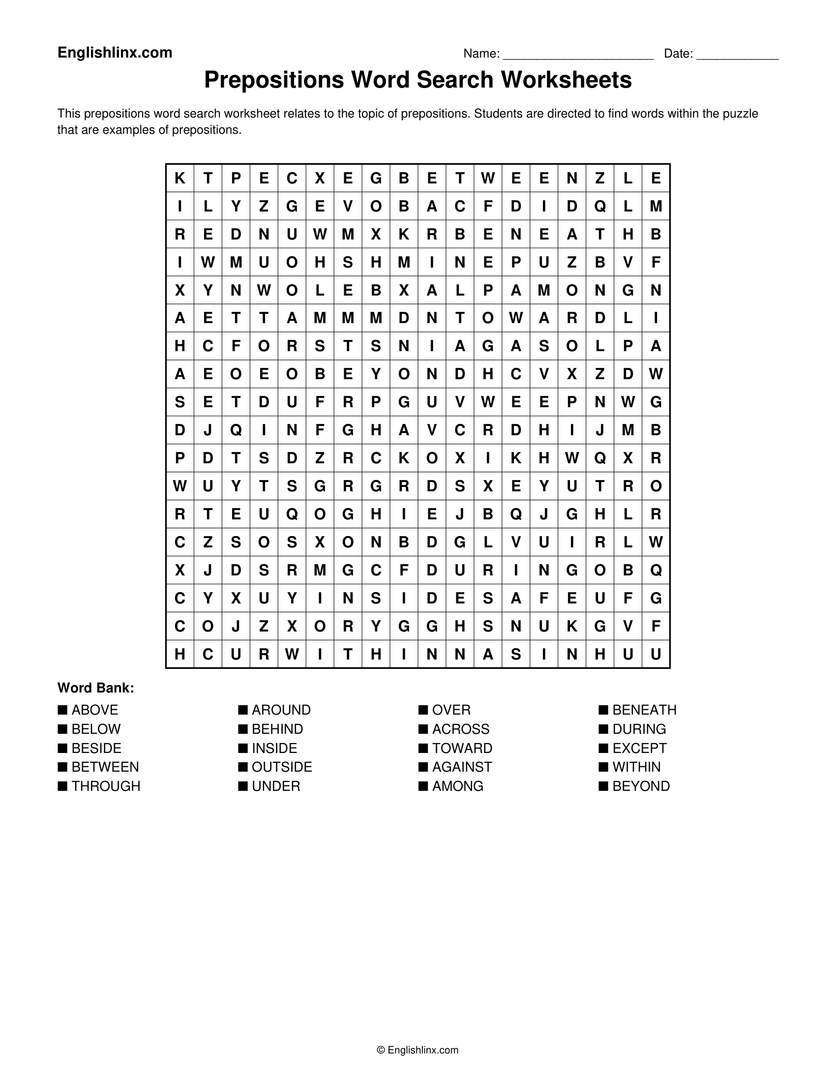 Prepositions Word Search Worksheets