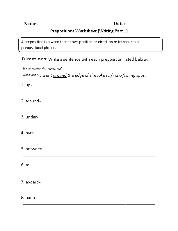 Writing Prepositions Worksheet Part 1
