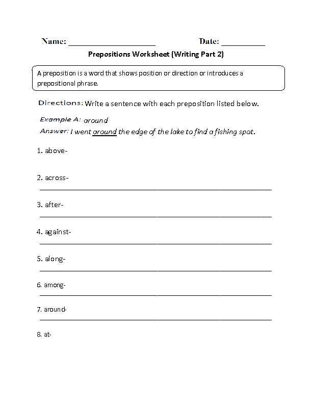 Writing Prepositions Worksheets Part 2