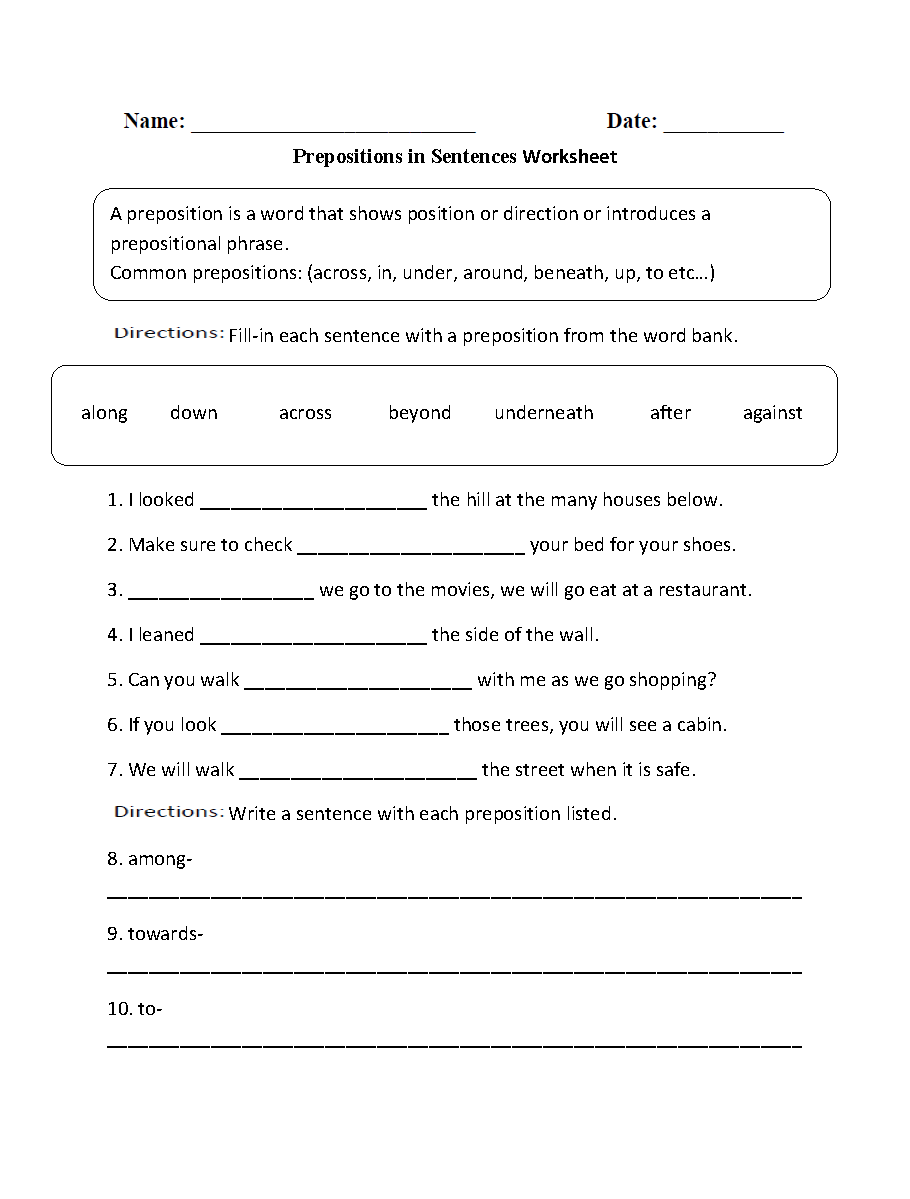 Prepostions in Sentences Worksheet