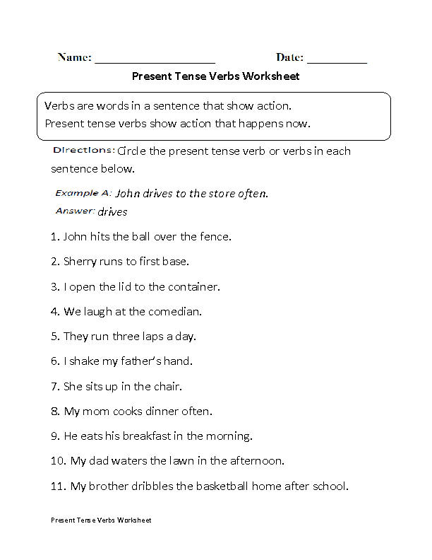 Present Tense Verbs Worksheet
