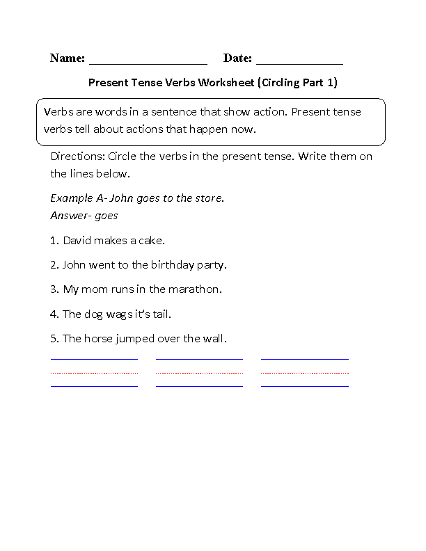 Circling Present Tense Verbs Worksheet