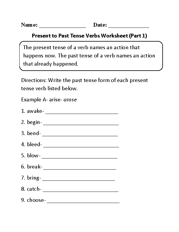 Verb Tenses Worksheets Present To Past Tense Verbs Worksheet