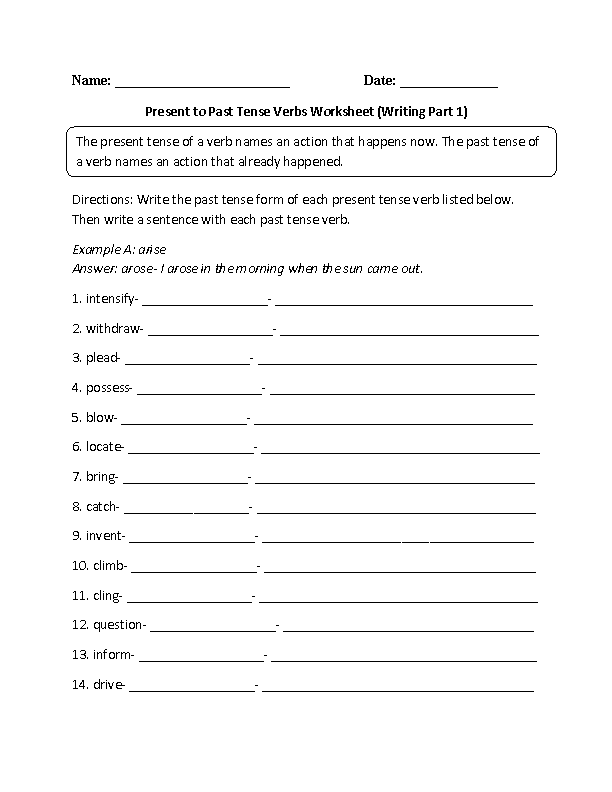 Present to Past Tense Verbs Practice Worksheet
