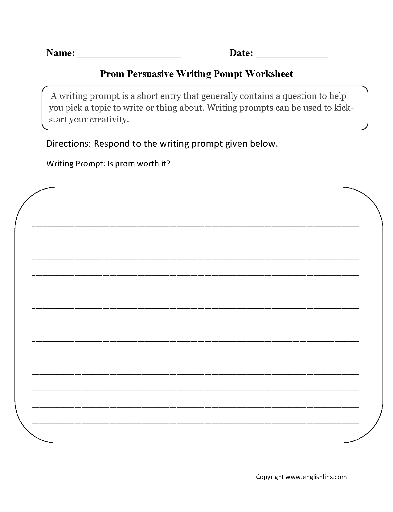 Prom Persuasive Writing Prompt Worksheets