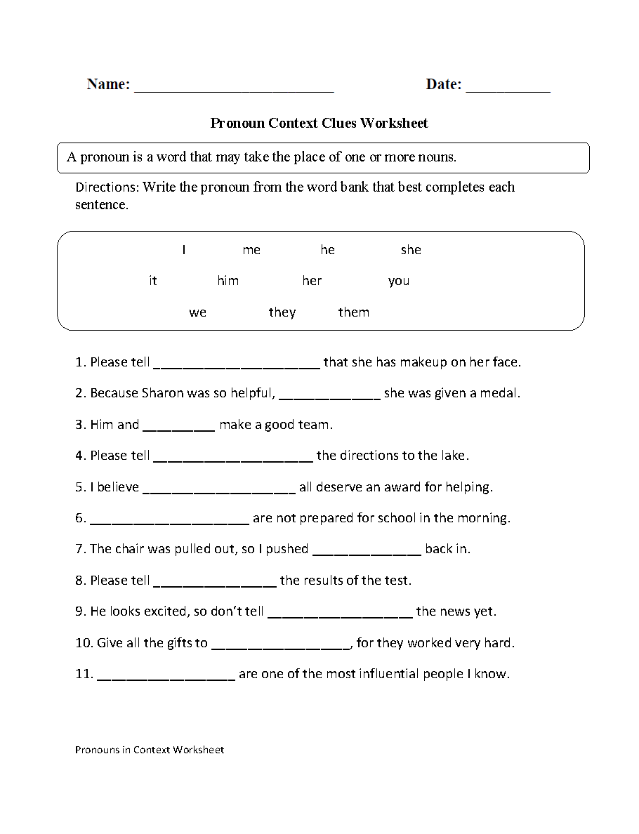Pronoun Context Clues Worksheet