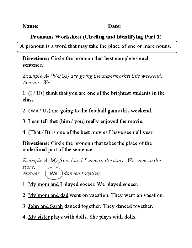 Circling and Identifying Pronouns Worksheet