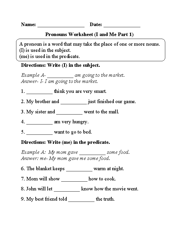 I and Me Personal Pronouns Worksheet