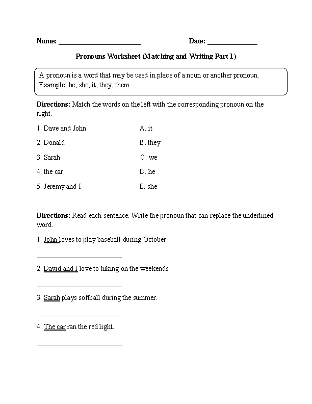 Matching and Writing Pronouns Worksheet