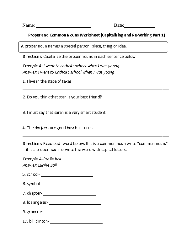 Capitalizing and Re-Writing Proper and Common Nouns Worksheet