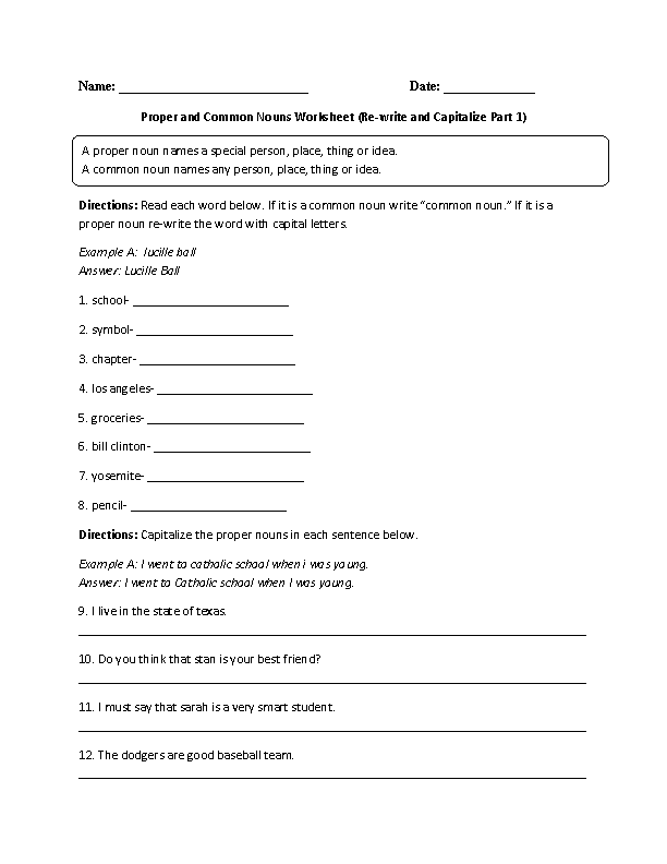 Learning Proper and Common Nouns Worksheet