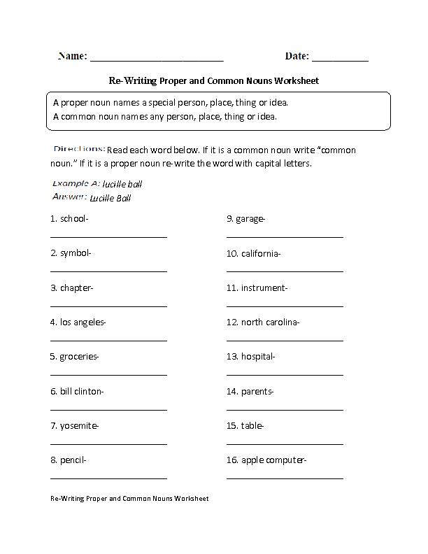 Re-Writing Proper and Common Nouns Worksheet