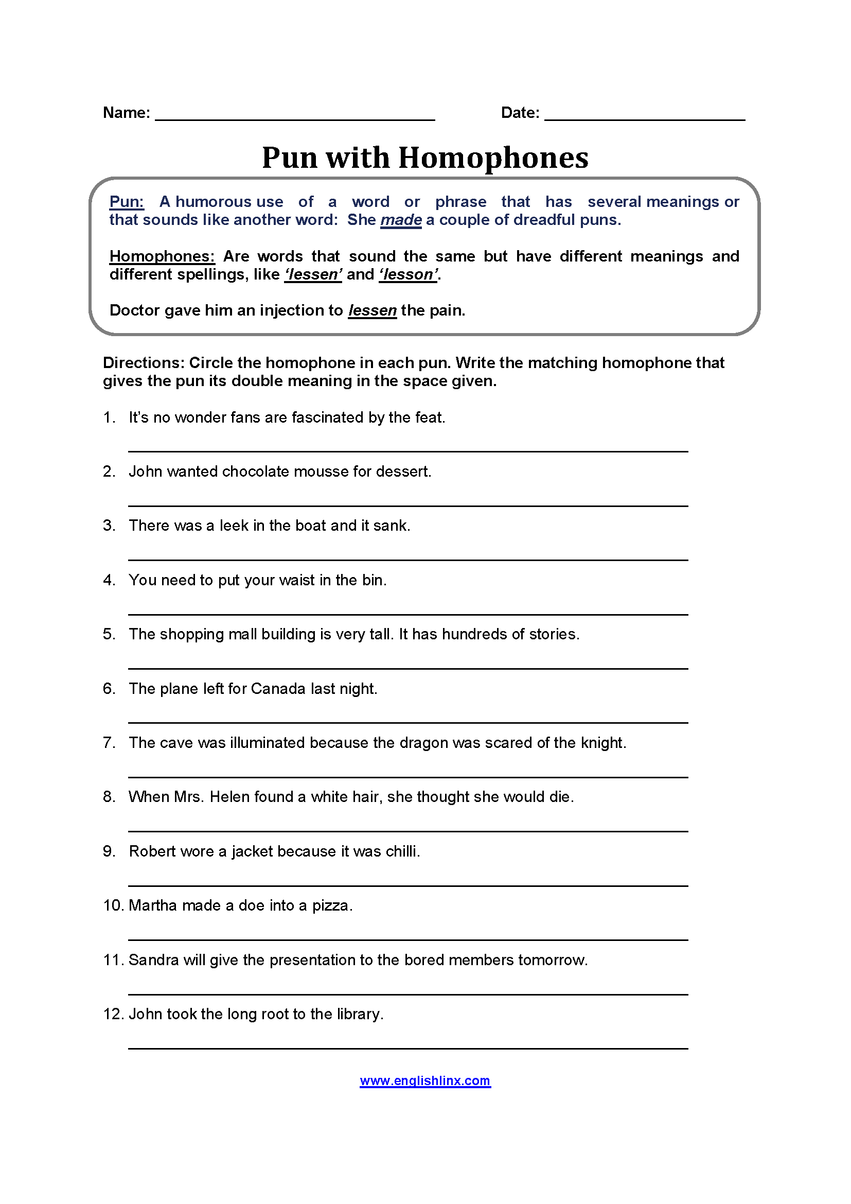 Pun with Homophones Worksheets
