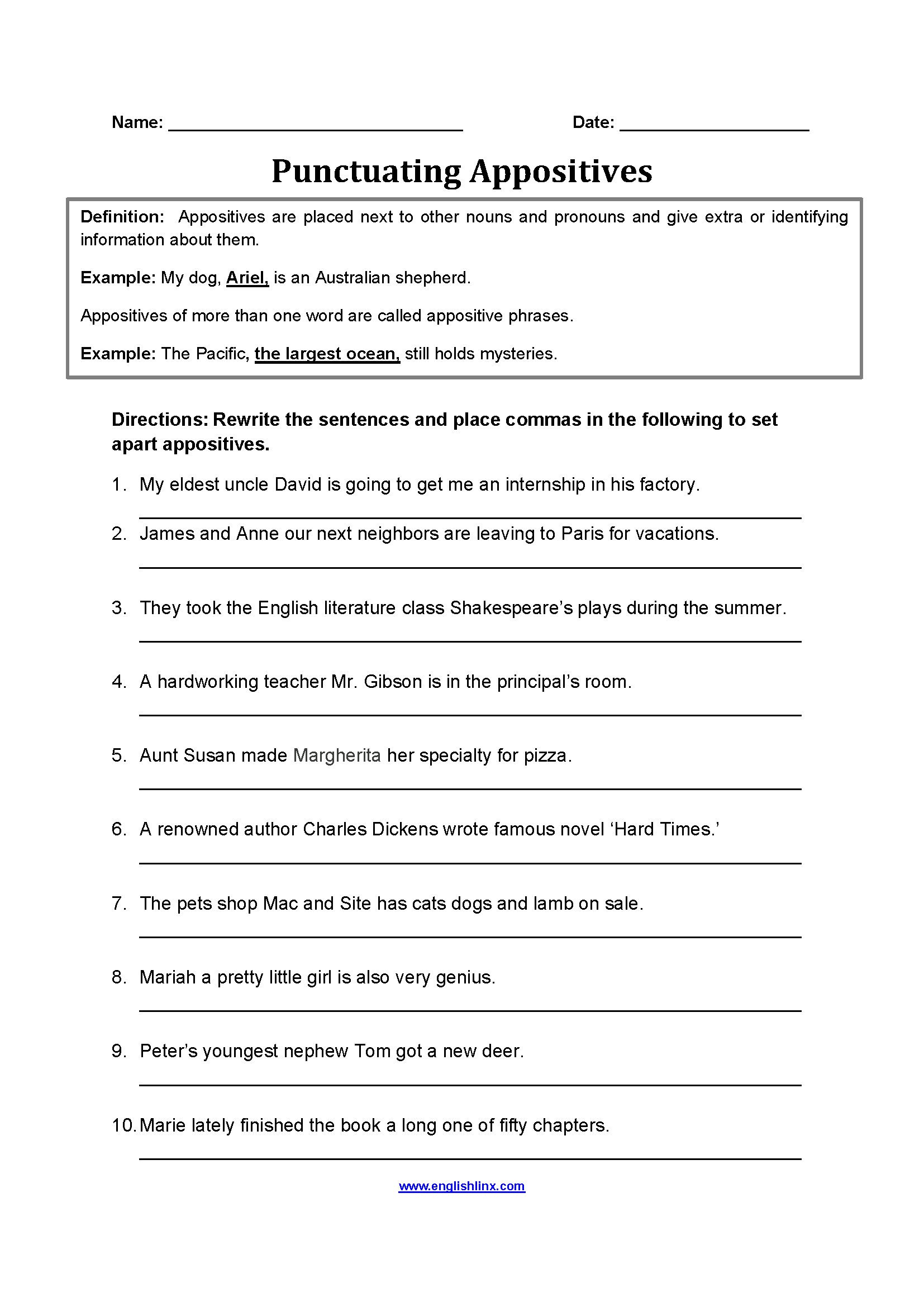 Punctuating Appositives Worksheets