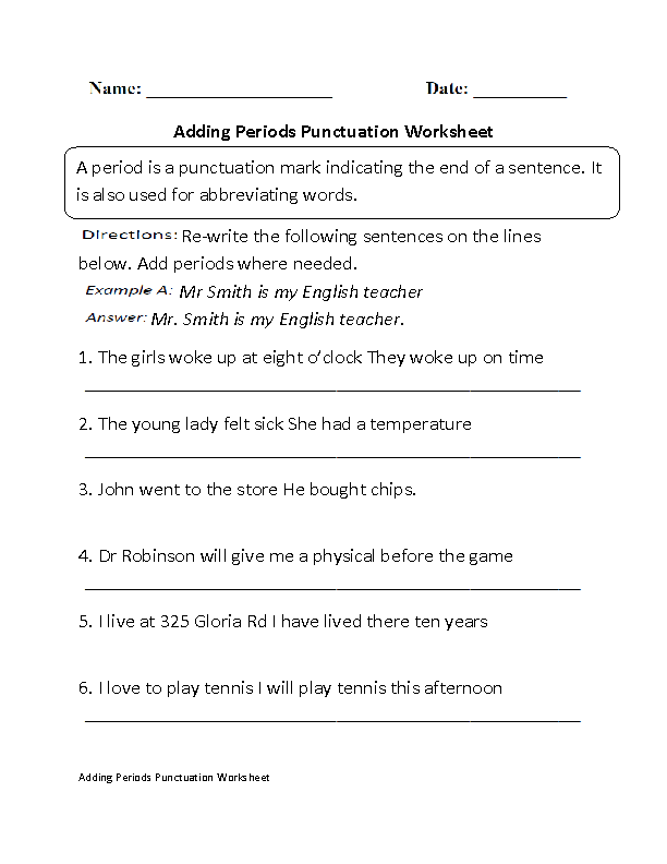 Adding Periods Punctuation Worksheet