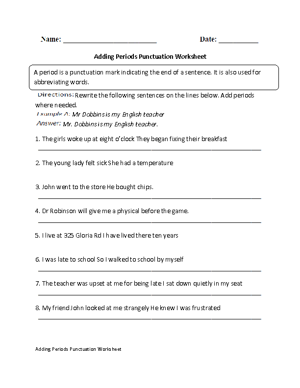 Periods Punctuation Worksheet
