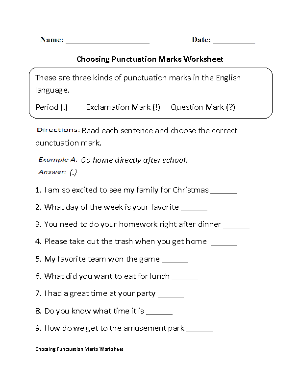 Choosing Punctuation Marks Worksheet