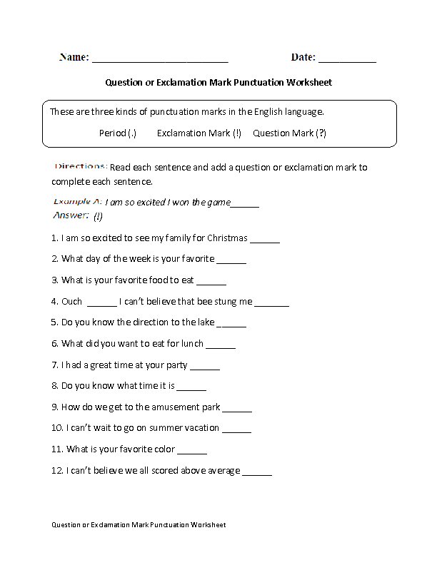Question or Exclamation Punctuation Worksheet