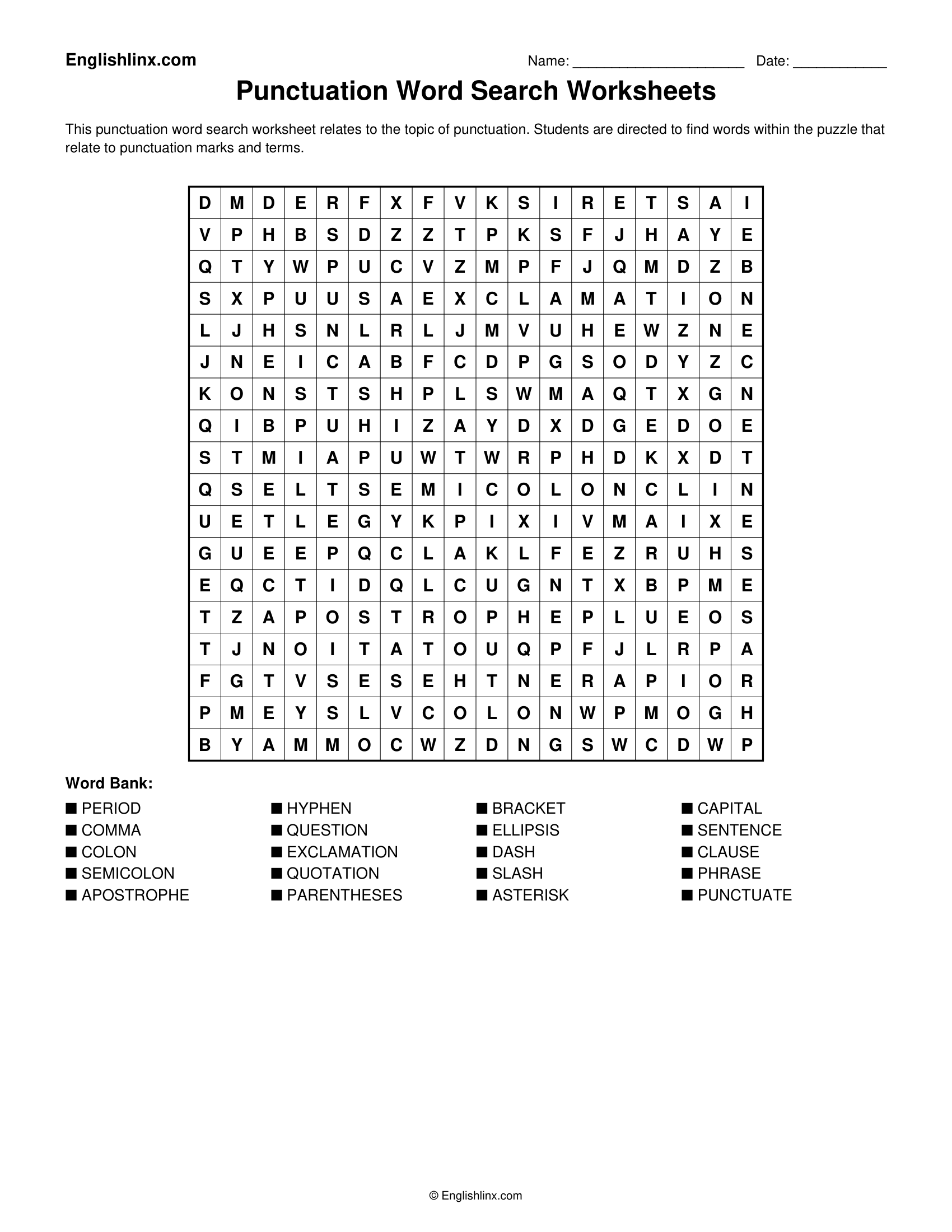 Punctuation Word Search Worksheets
