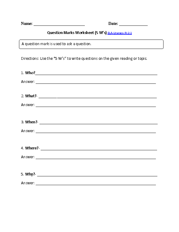 Question and Answer Worksheet 1 ELA-Literacy.RI.2.1 Reading Informational Text