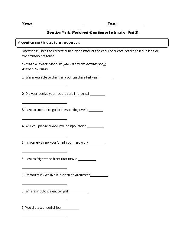 Question and Exclamation Question Marks Worksheet