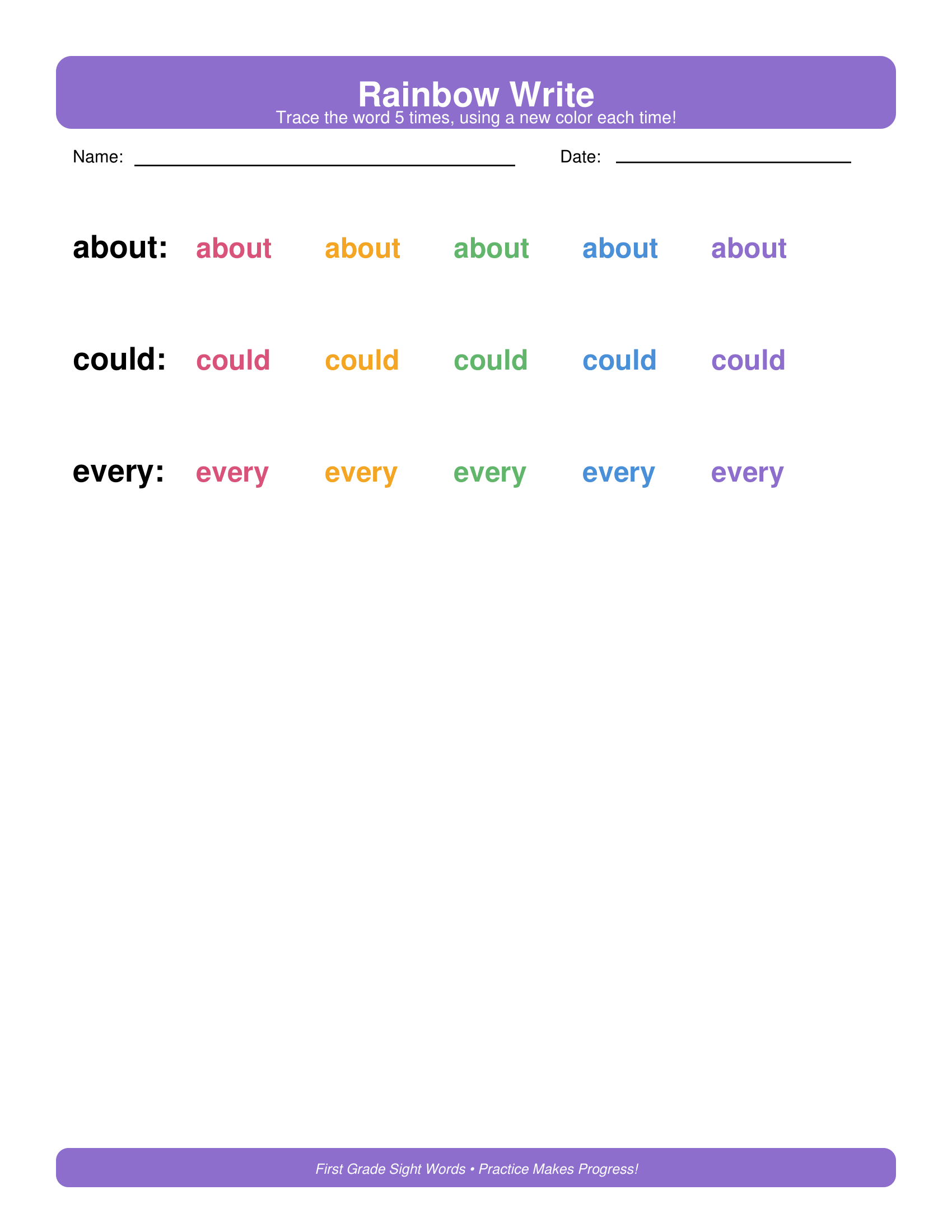 Rainbow Write First Grade Sight Words Worksheets