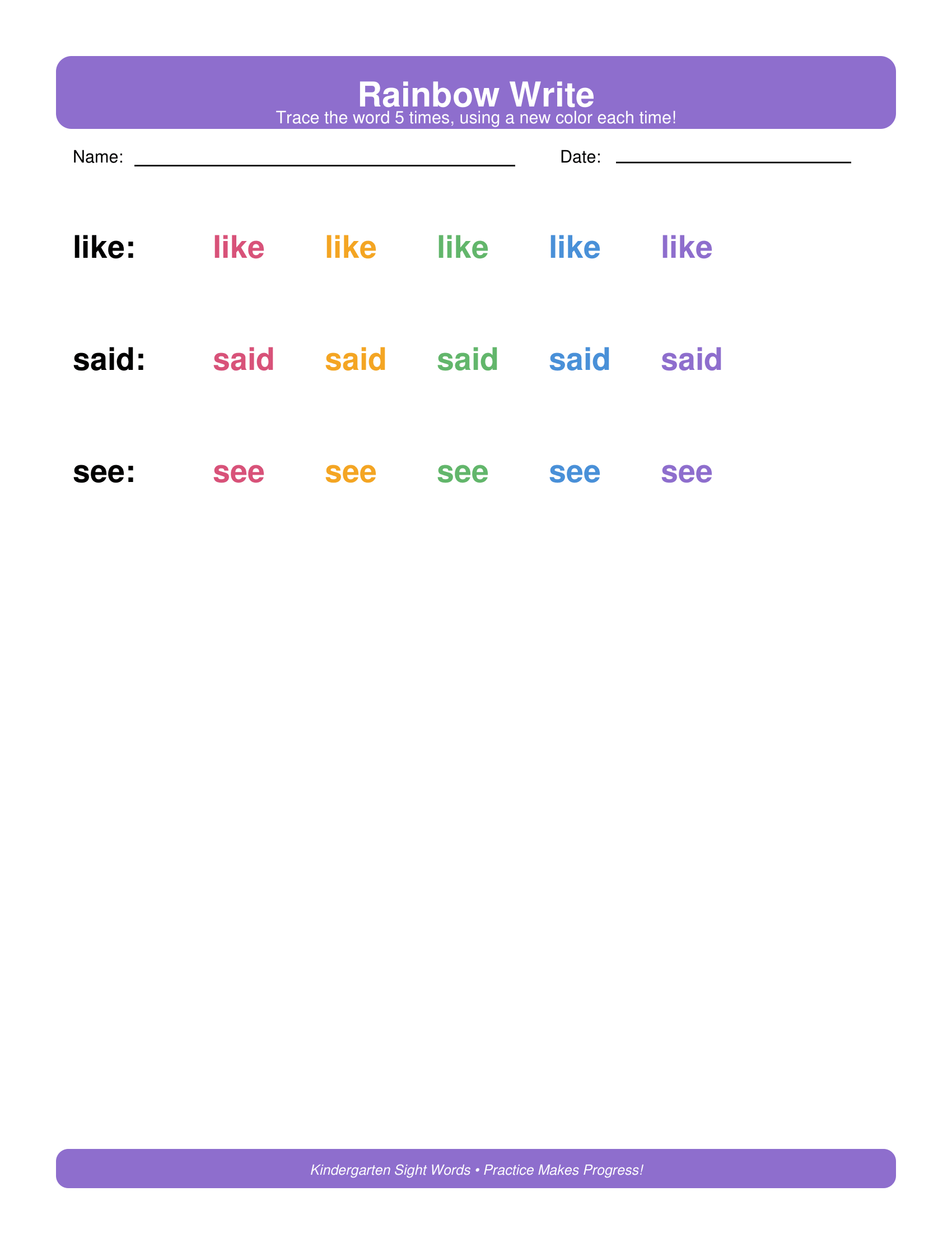 Rainbow Write Kindergarten Sight Words Worksheets
