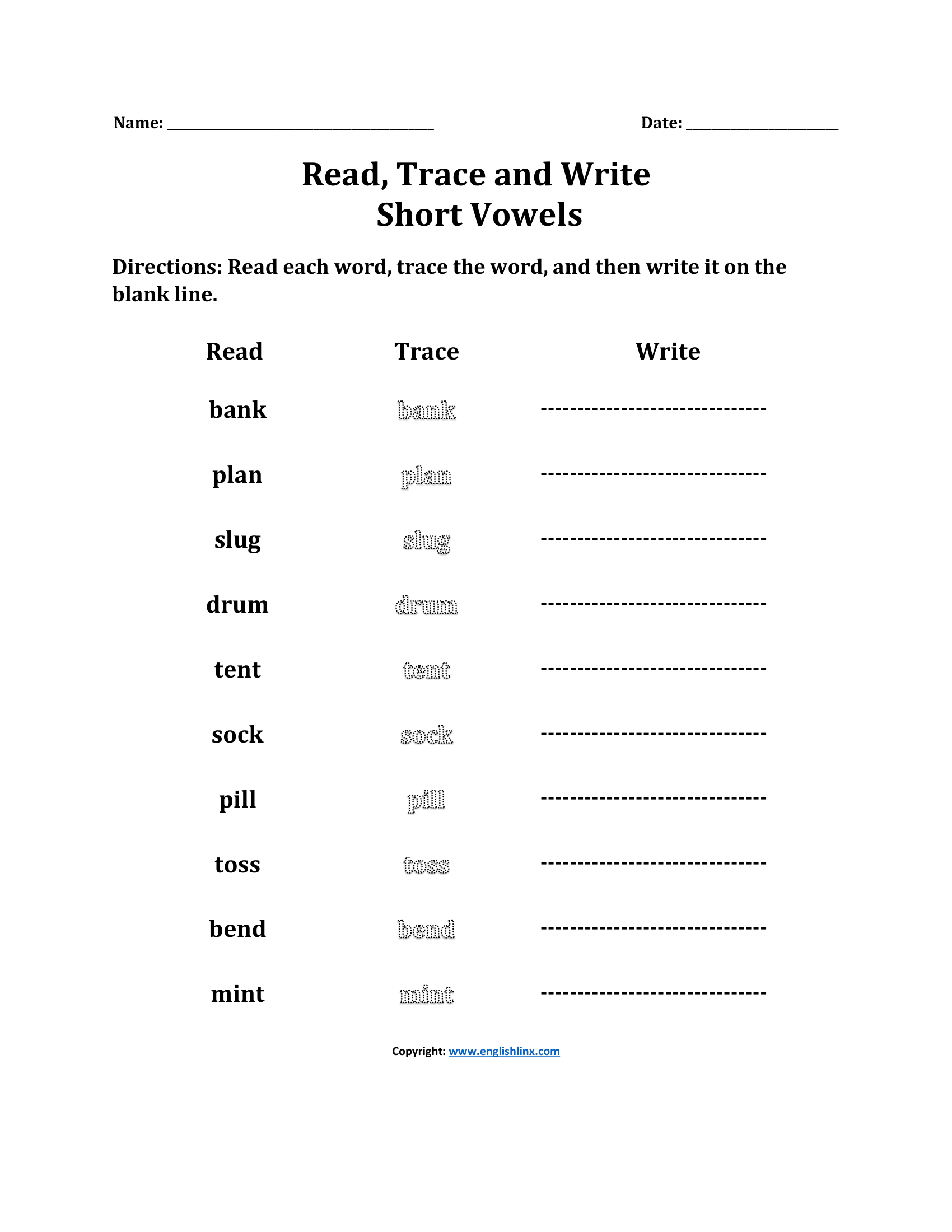 Read Short Vowels Sounds Worksheets